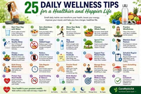 Illustration of 25 daily wellness tips including healthy eating, exercise, hydration, quality sleep, stress management, mindfulness, and self-care for a healthier and happier life.