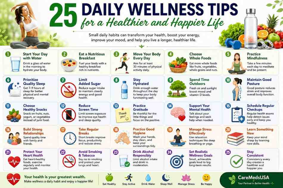 Illustration of 25 daily wellness tips including healthy eating, exercise, hydration, quality sleep, stress management, mindfulness, and self-care for a healthier and happier life.