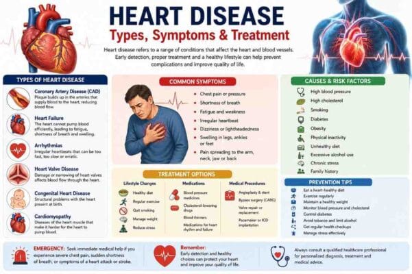 Illustration explaining heart disease types, common symptoms, causes, risk factors, treatment options, and prevention tips.